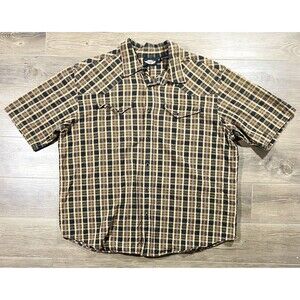 Harley Davidson Shirt Mens 2XL Brown Orange Plaid Pearl Snap Short Sleeve Shirt